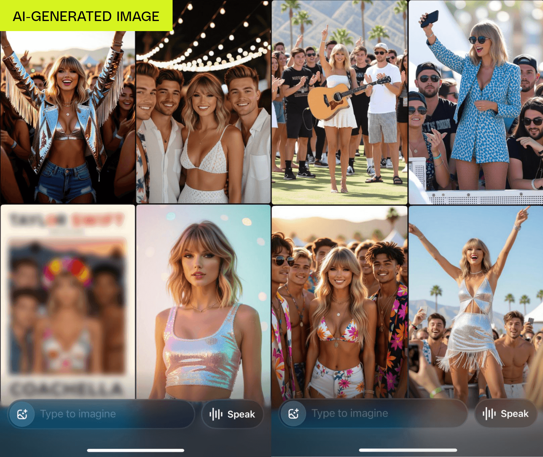 Collage d'images de Taylor Swift générées par Grok Imagine, illustrant la controverse sur les deepfakes et le mode 'Spicy'.