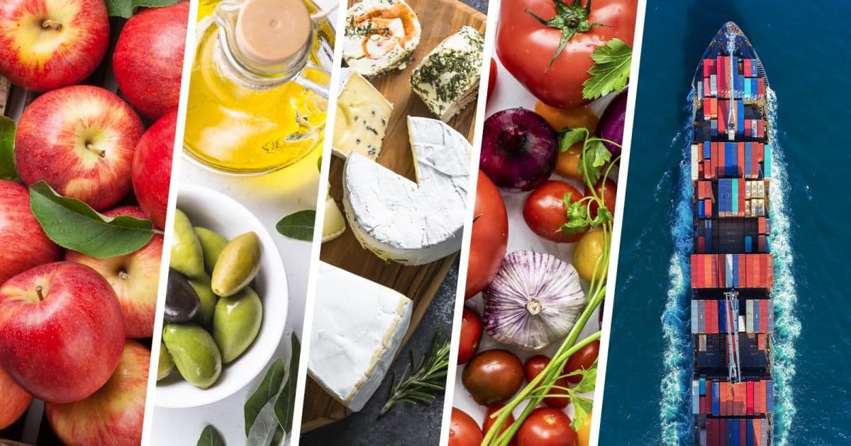 Collage of fresh produce including apples, olives, and cheese alongside a cargo ship representing international agri-food trade.