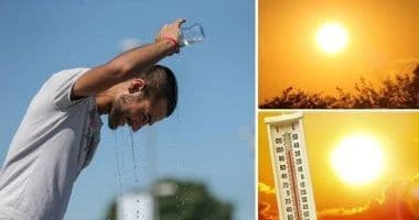 Collage showing a man cooling himself with water, an intense sun, and a thermometer, illustrating the oppressive 'felt' heat in Egypt.