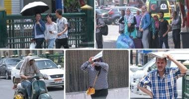 Collage showing people coping with extreme heat, including using umbrellas, seeking shade, and covering heads, representing the article's themes of heatwaves and changing weather.