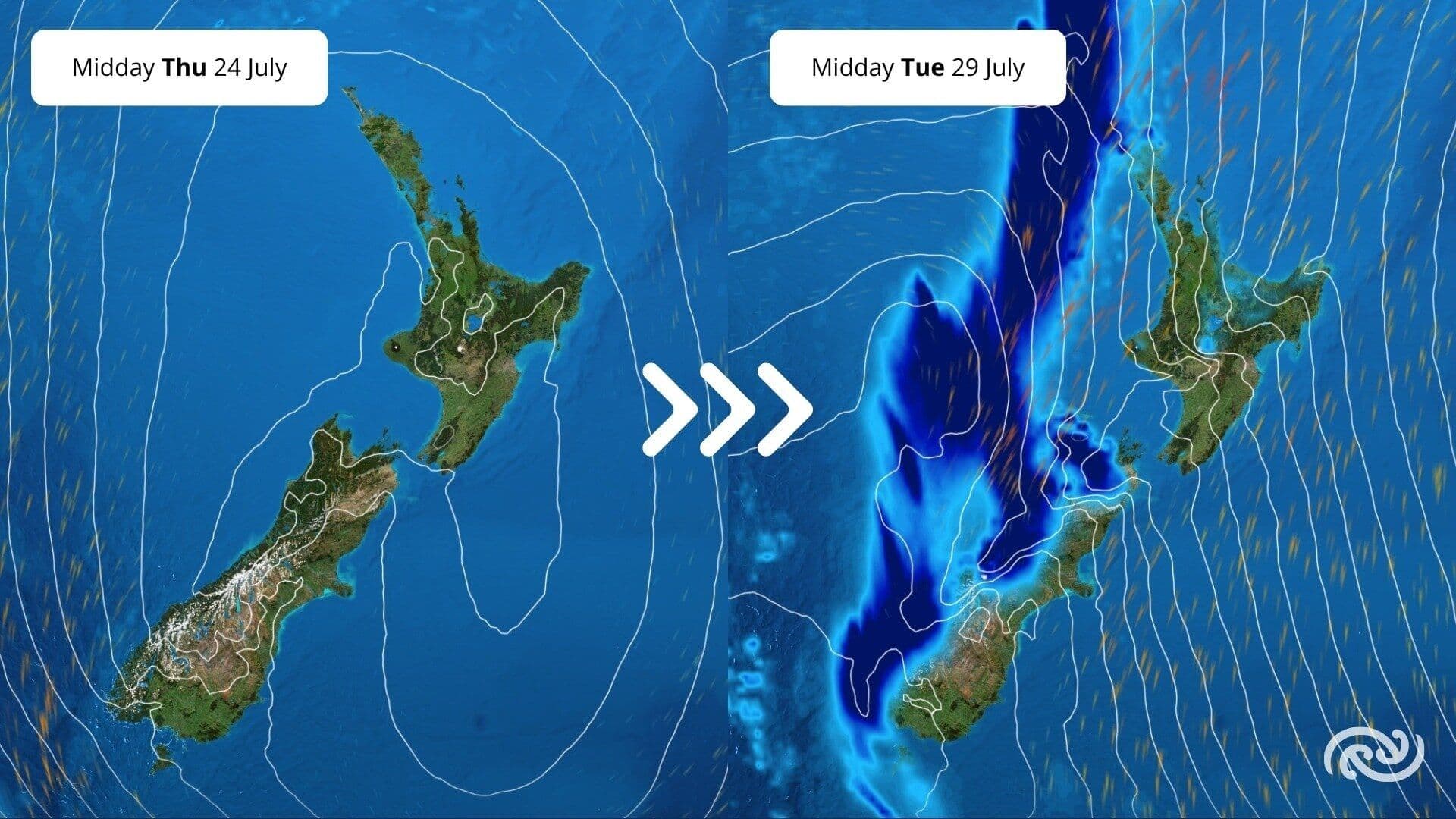 Comparaison de deux cartes météo de Nouvelle-Zélande montrant l'arrivée d'un système pluvieux intense entre le 24 et le 29 juillet.