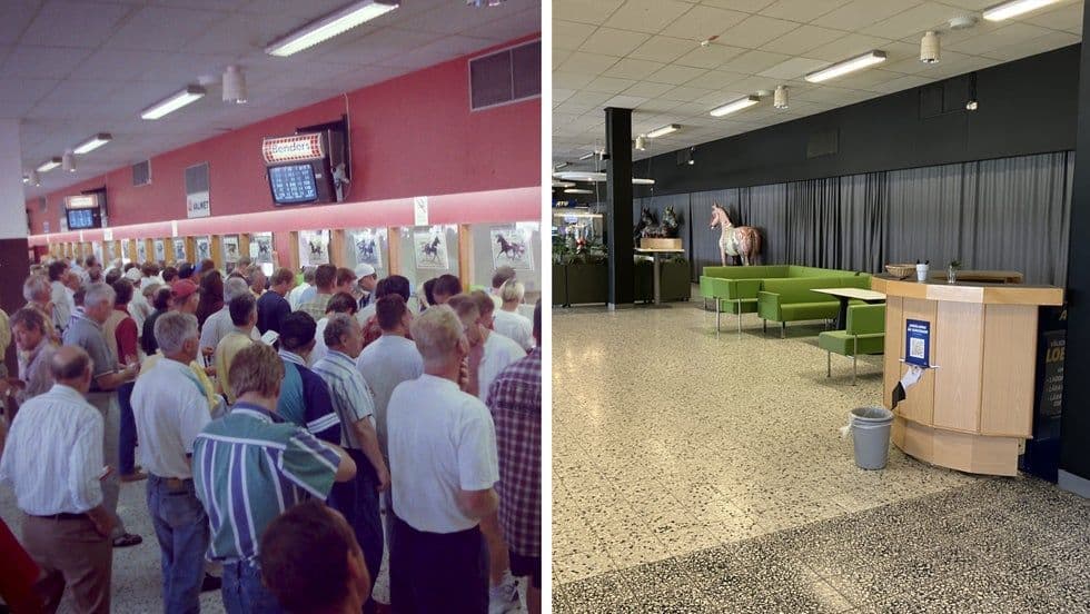 Comparaison de l'hippodrome d'Axevalla : une salle de paris bondée en 1996 et la même salle vide et modernisée à l'ère numérique.