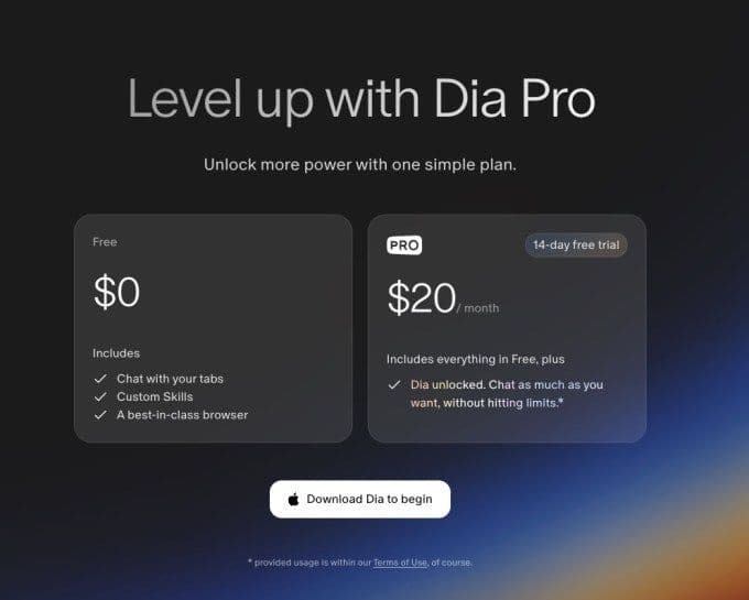 Comparaison des plans Dia Gratuit et Dia Pro, affichant le prix de 20 dollars par mois pour la version Pro.