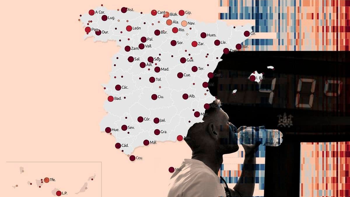 Composite image showing a heat map of Spain with a man drinking water, representing the country's extreme temperatures and human impact.