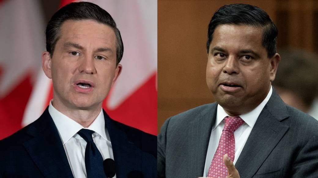 Conservative Leader Pierre Poilievre and Public Safety Minister Gary Anandasangaree in a split image, representing their political clash over gun policy.