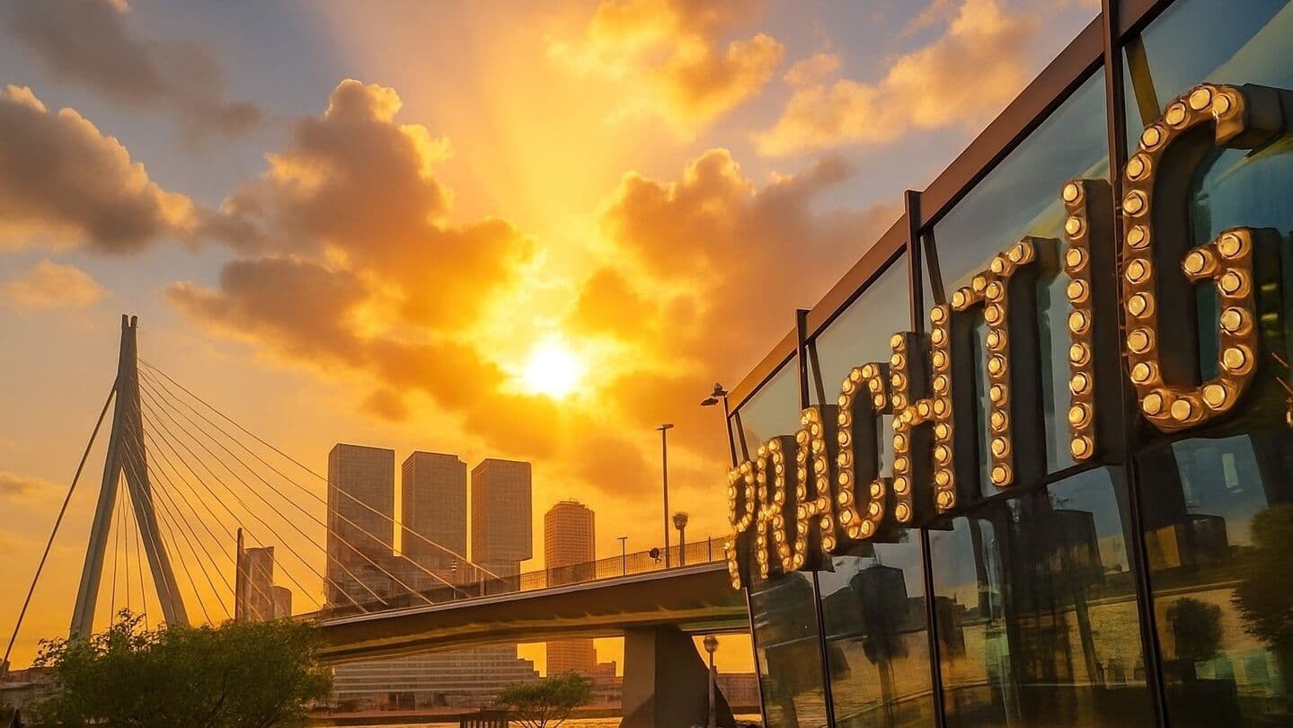 Coucher de soleil doré sur le port de Rotterdam avec le pont Érasme et des bâtiments modernes.
