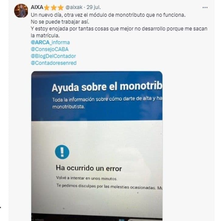 Écran mobile affichant une erreur sur le module Monotributo d'ARCA.