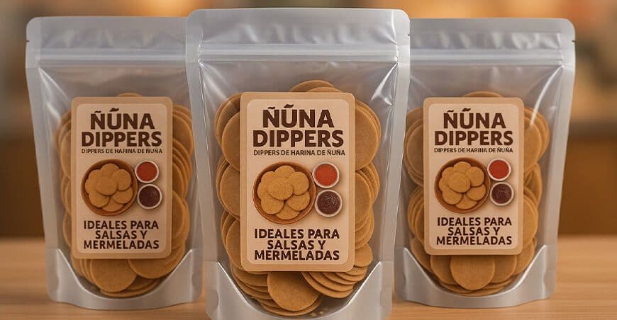 Des emballages de 'ñuña Dippers', un snack innovant à base d'ingrédients locaux péruviens, illustrant la fusion de la tradition et de la science.