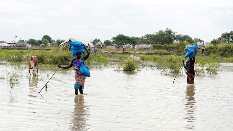 Des personnes marchant dans des eaux de crue, illustrant l'impact des inondations