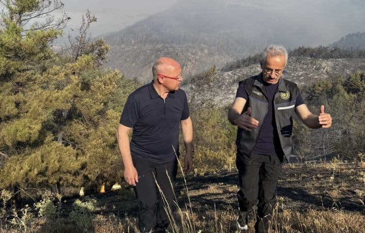 Des responsables inspectant une zone forestière touchée par l'incendie à Bursa.