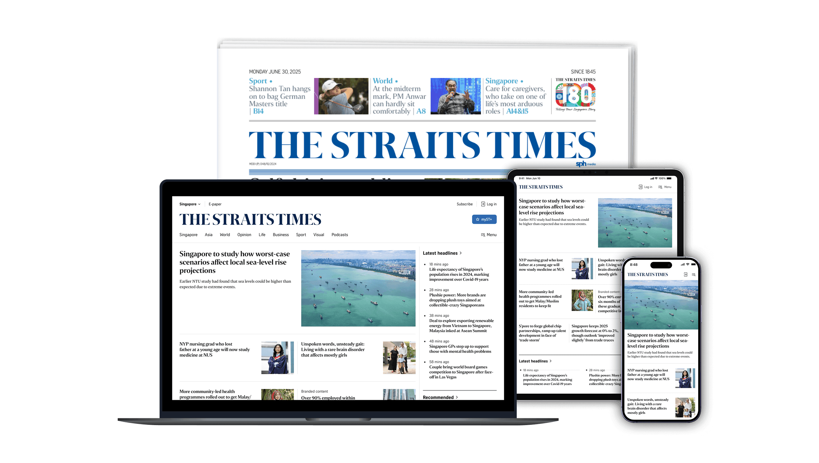 Divers médias, dont un journal et des appareils numériques, affichant des actualités et des prévisions météorologiques.