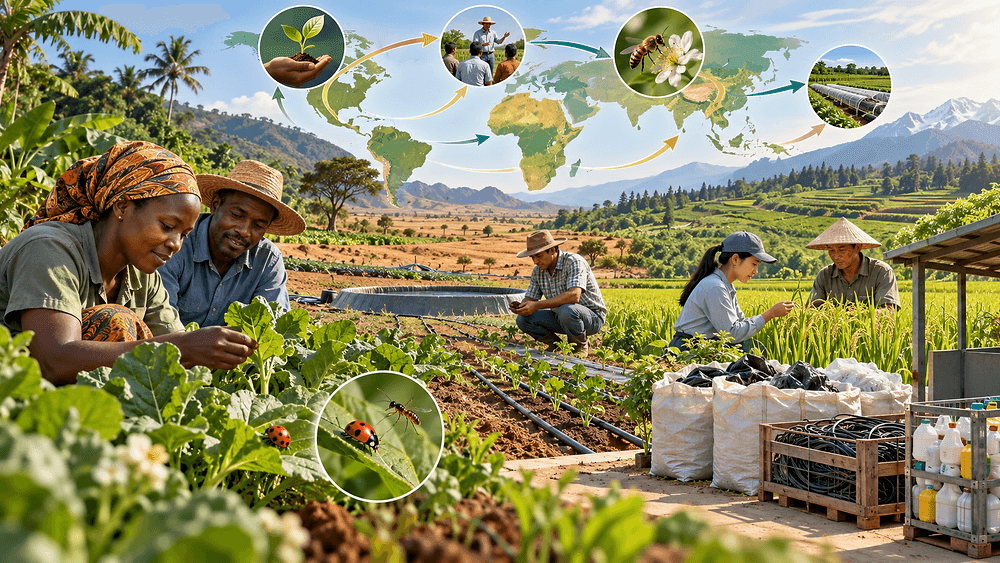 Diverse farmers working in a field with an illustrative graphic overlay depicting global agricultural cycles and sustainable practices.