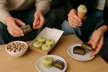 Diverses créations culinaires à base de pistache, incluant macarons, barres chocolatées et glace, avec des pistaches décortiquées.