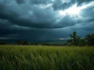 Dramatic dark storm clouds gathering over a green field, with a ray of sunlight, depicting the onset of a severe thunderstorm.