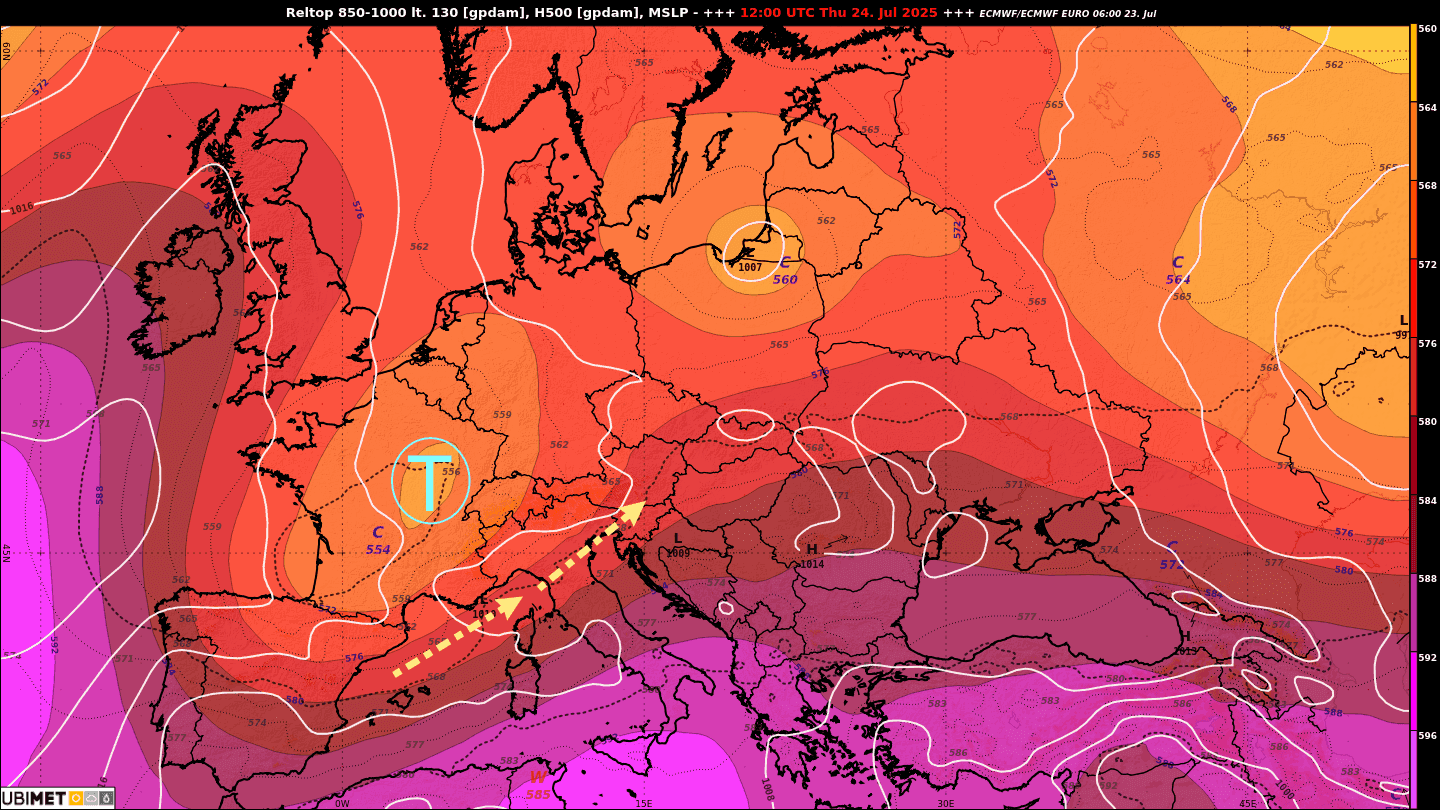 ECMWF weather model showing atmospheric conditions over Europe, illustrating the air mass boundaries driving severe thunderstorms in Austria.