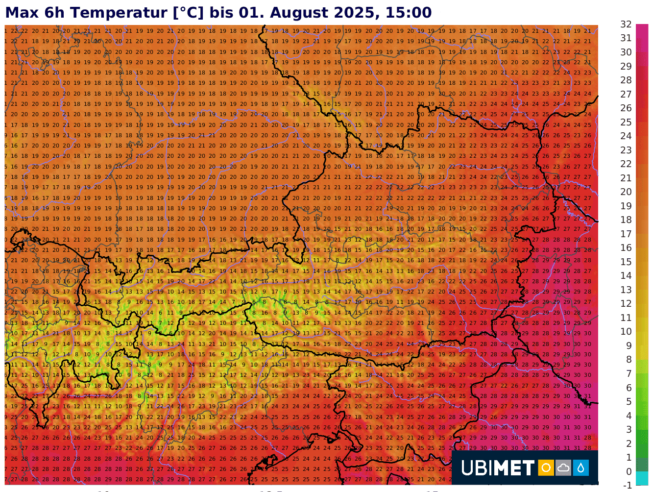 Eine farbcodierte Wetterkarte zeigt die Höchsttemperaturen in Österreich und Mitteleuropa, die zur Bildung von Superzellen beitragen.