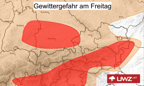 Eine Wetterwarnkarte für Österreich zeigt Gebiete mit hoher Gewittergefahr, ein Beispiel für moderne Frühwarnsysteme.