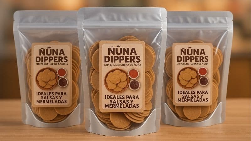 Envases de 'Ñuña Dippers', un snack innovador de harina de ñuña de Mipymes peruanas en Expoalimentaria.