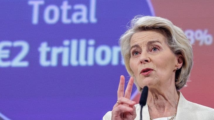 European Commission President speaking at a press conference with '€2 trillion' visible, symbolizing policy and investment for climate challenges.