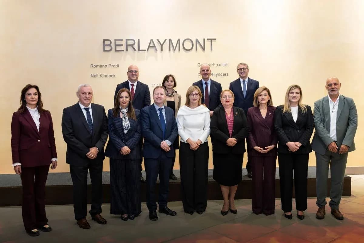 European officials posing for a group portrait at the Berlaymont, the headquarters of the European Commission.
