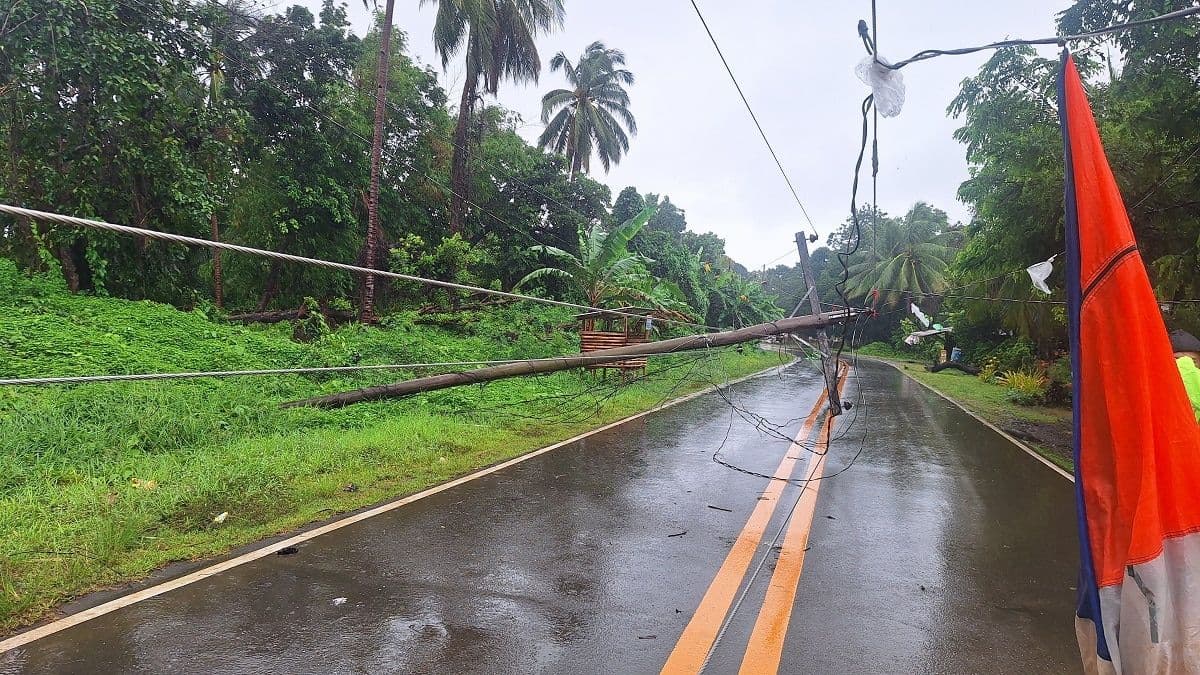 Felled electric post on a wet road after Tropical Storm Crising, symbolizing infrastructure damage and the storm's impact.
