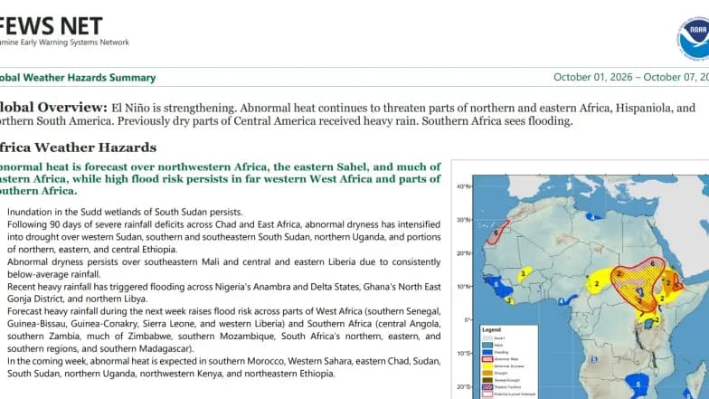 FEWS NET global weather hazards map for early October 2026 showing areas of drought and flood risk.