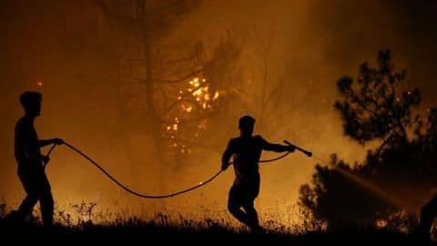 Firefighters battling a vegetation fire, representing the severe environmental impacts of prolonged heatwaves in the UK.