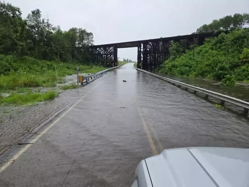 Flooded road in Central Minnesota after heavy rain, illustrating the deluge and flood warnings.