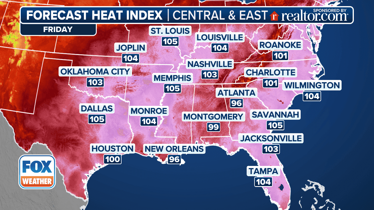 Forecast map displaying dangerous heat index values, including 105-110°F, across the Central and Eastern US.