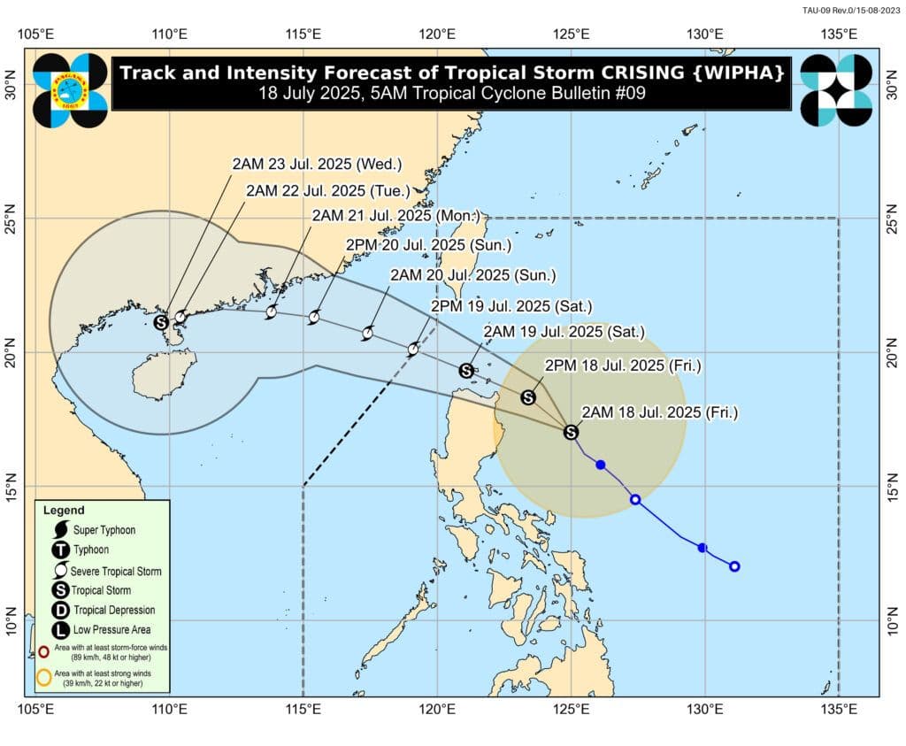 Forecast map showing the track and intensity of Tropical Storm Crising (Wipha) over the Philippine archipelago, indicating its northwestward path and areas under wind signals.