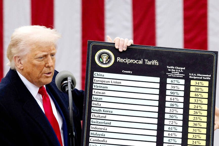 Former US President Donald Trump standing next to a board displaying reciprocal tariffs for various countries, including Taiwan, highlighting the US trade policy.