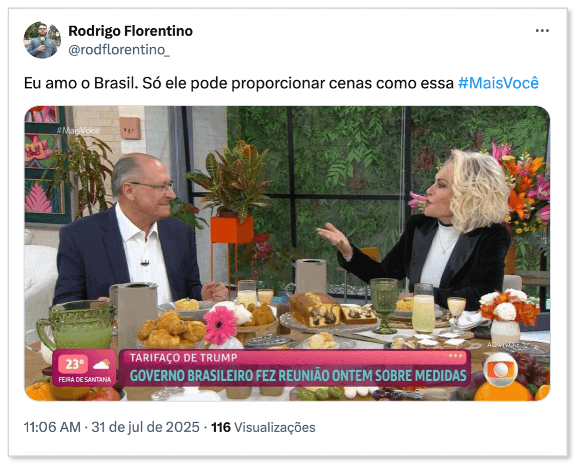 Geraldo Alckmin et Ana Maria Braga déjeunent sur le plateau de Mais Você pour discuter des tarifs douaniers.