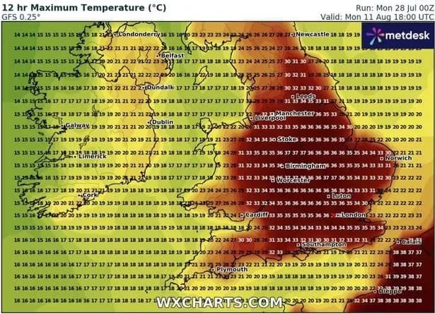 GFS weather model forecast map showing extreme temperatures up to 37C across central England for mid-August.