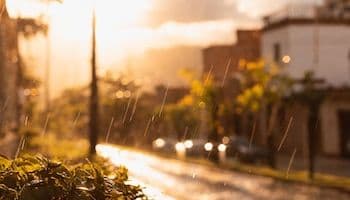 Gouttes de pluie illuminées sur une rue urbaine, symbolisant l'adaptation au quotidien