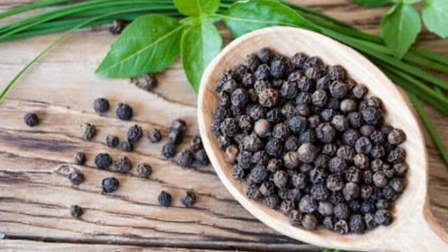 Grains de poivre noir sur une cuillère en bois, symbolisant la tension croissante et les prévisions de hausse des prix du poivre pour la fin de l'année.