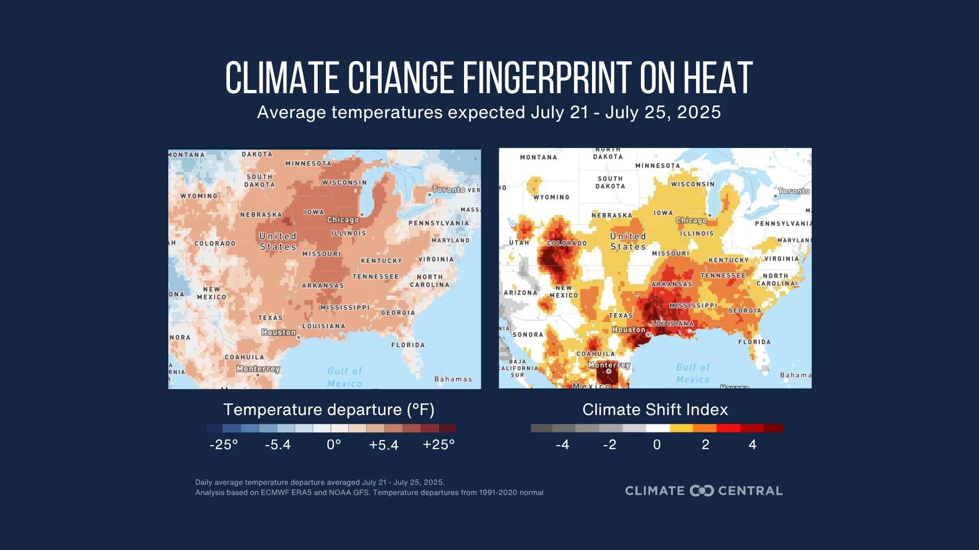 Graphic showing two maps of the United States, one for temperature departure and one for Climate Shift Index, illustrating the climate change fingerprint on a heat wave expected July 21-25.