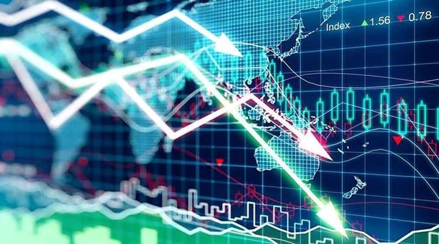 Graphique boursier mondial avec flèches de tendance, représentant les mouvements d'indices et les flux de capitaux.