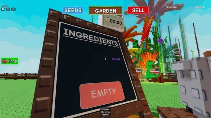Grow a Garden game screenshot showing the cooking ingredients board, game interface, and a colorful virtual farm landscape.