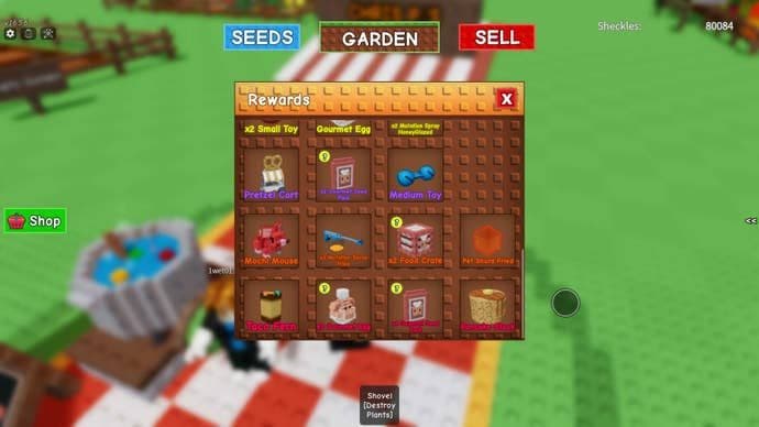Grow a Garden rewards screen displaying Gourmet Seed Packs, Gourmet Eggs, and other rare items.
