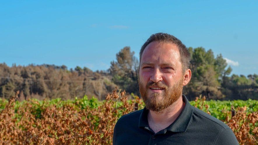 Guillaume Allien, propriétaire viticole, se tient devant ses vignes et terres brûlées, symbolisant la résilience face aux incendies.