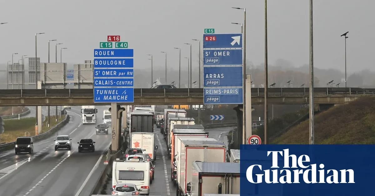 Heavy goods vehicles in transit, representing cross-border trade between the UK and EU.