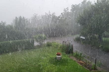 Heavy rain falling over a green landscape in Switzerland during a severe summer storm.