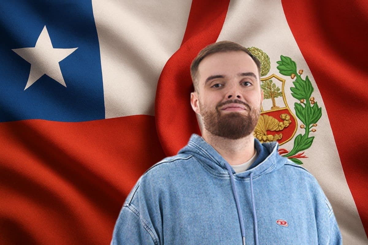 Ibai Llanos con banderas de Chile y Perú de fondo, representando el Mundial de Desayunos