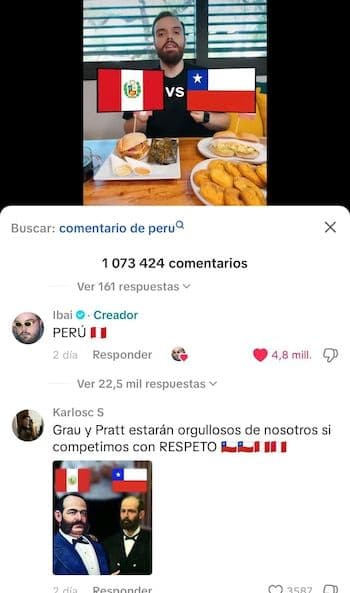 Ibai Llanos en pantalla con banderas de Perú y Chile, mostrando votaciones del Mundial de Desayunos en TikTok