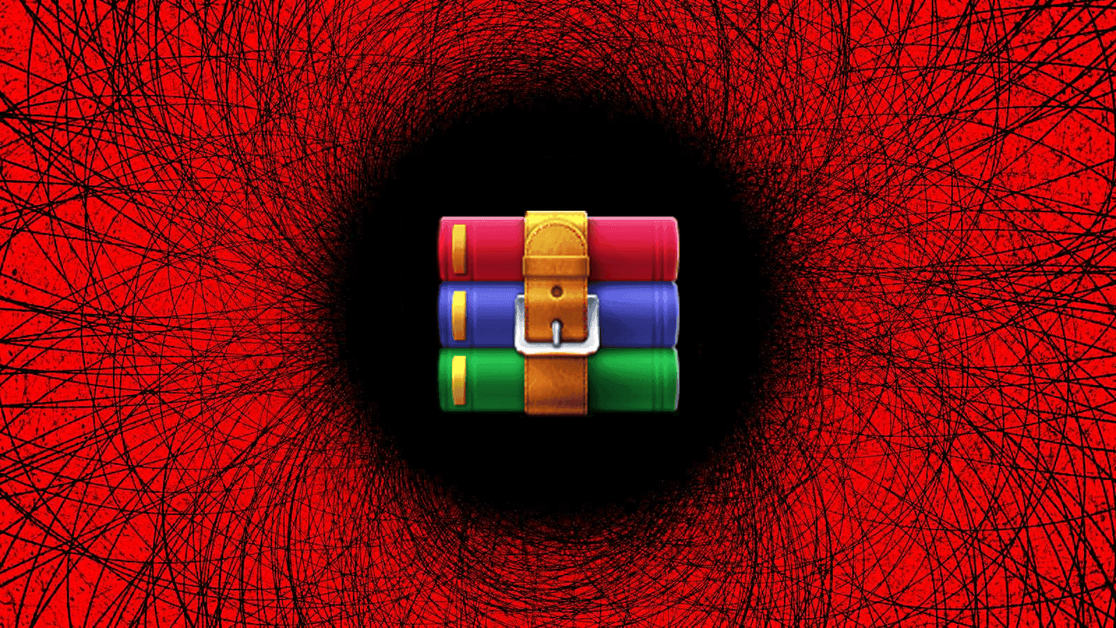 Icône WinRAR sur fond rouge abstrait symbolisant une menace cybernétique inconnue