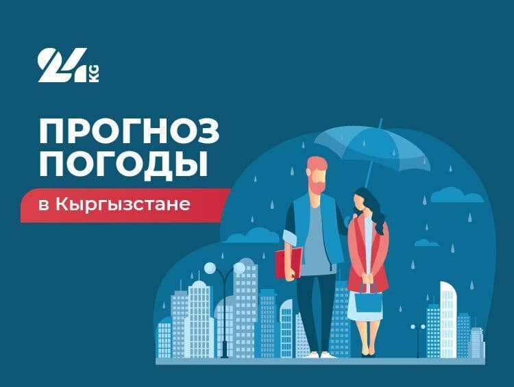 Illustrated weather forecast for Bishkek showing a couple under an umbrella in the rain over a city skyline, with text 'Weather Forecast in Kyrgyzstan'.