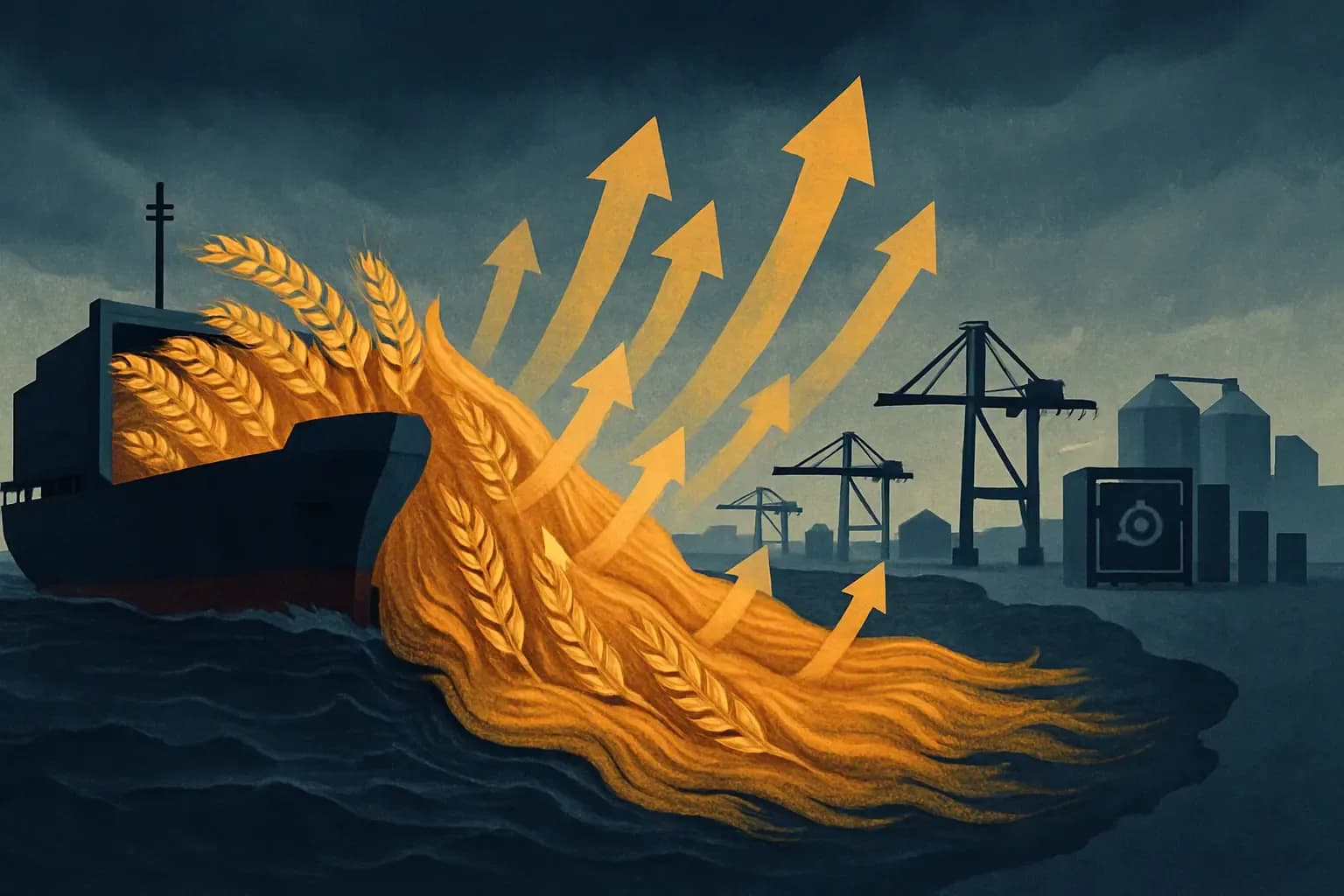 Illustration depicting a cargo ship and grain flow under pressure, reflecting rising global wheat costs.