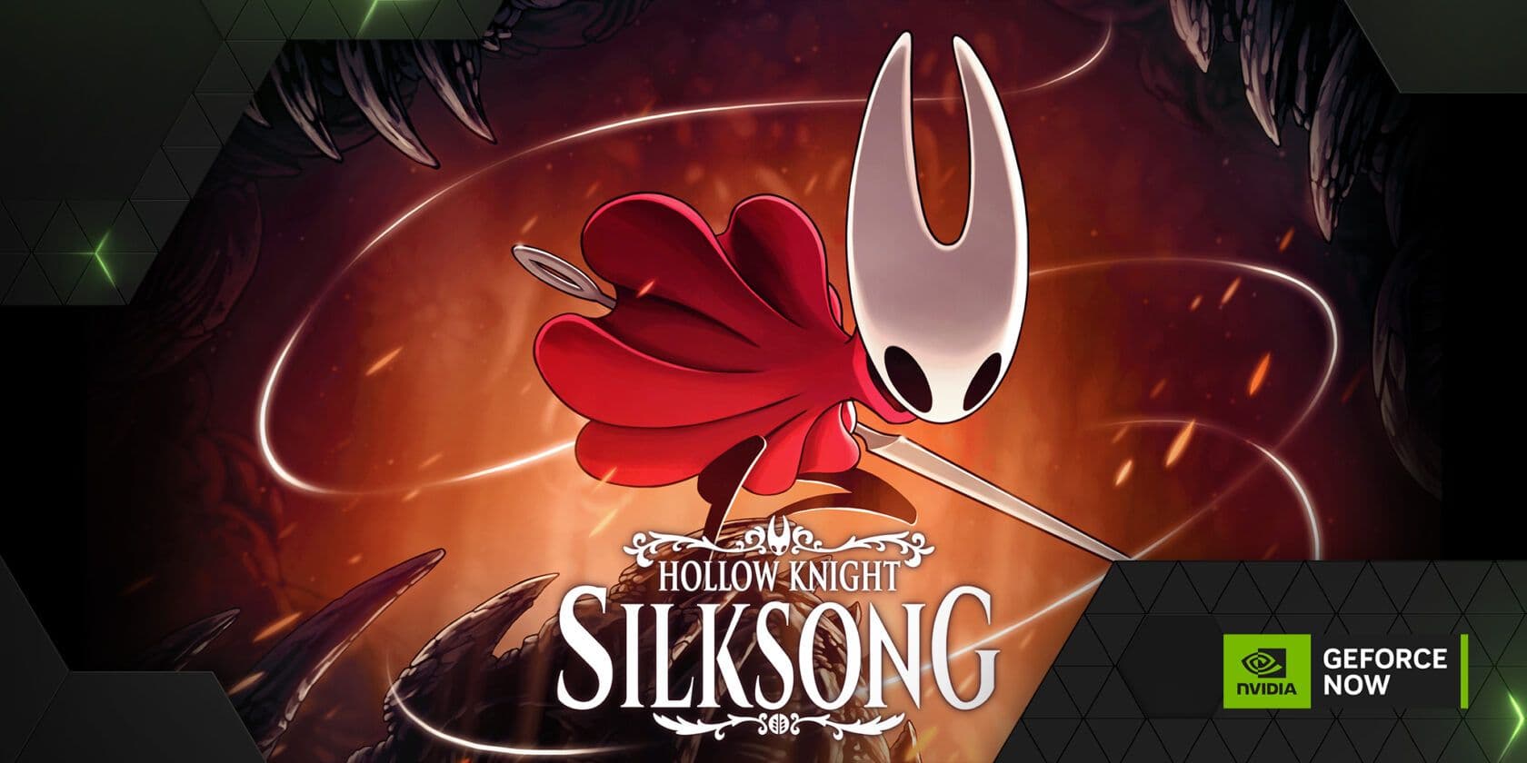 Illustration du personnage Hornet du jeu Hollow Knight: Silksong, avec le logo du jeu et de GeForce NOW.