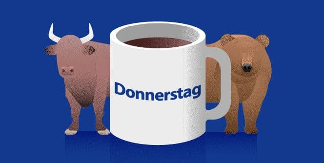 Illustration d'un taureau et d'un ours encadrant une tasse, symbolisant la stabilité de Nestlé sur le marché boursier.