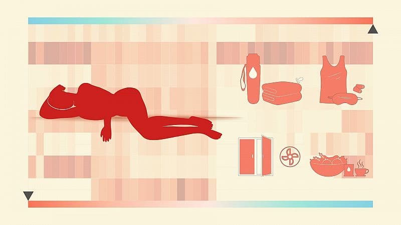 Ilustración de una persona durmiendo con dificultad debido a las altas temperaturas nocturnas, simbolizando las noches tropicales.